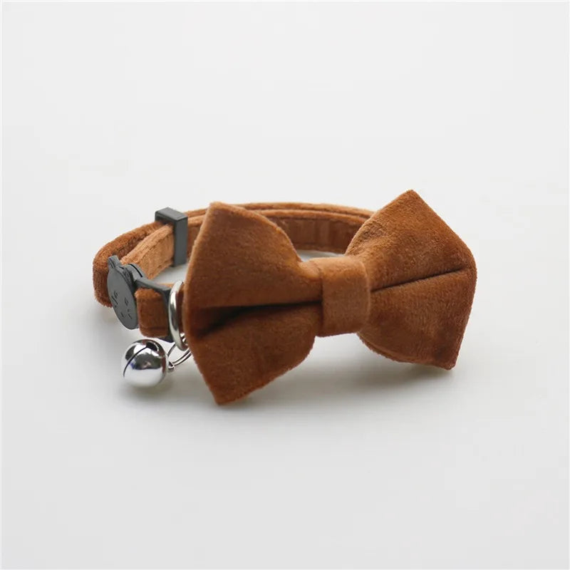 Cat Velvet Collar Solid Color Bowknot Puppy Chihuahua Collars with Bell Adjustable Safety Buckle Cats Bow Tie Pets Accessories