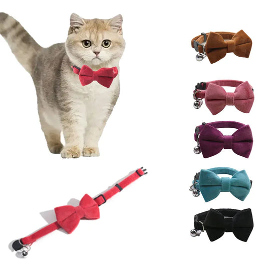 Cat Velvet Collar Solid Color Bowknot Puppy Chihuahua Collars with Bell Adjustable Safety Buckle Cats Bow Tie Pets Accessories