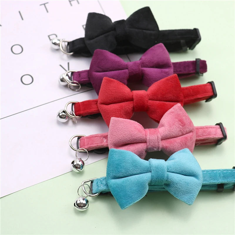 Cat Velvet Collar Solid Color Bowknot Puppy Chihuahua Collars with Bell Adjustable Safety Buckle Cats Bow Tie Pets Accessories