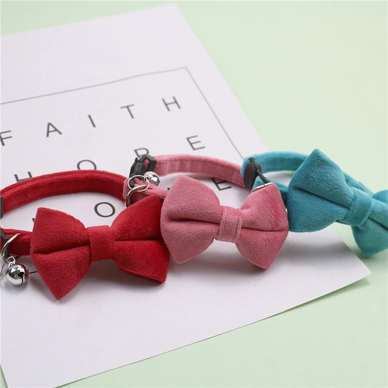 Cat Velvet Collar Solid Color Bowknot Puppy Chihuahua Collars with Bell Adjustable Safety Buckle Cats Bow Tie Pets Accessories