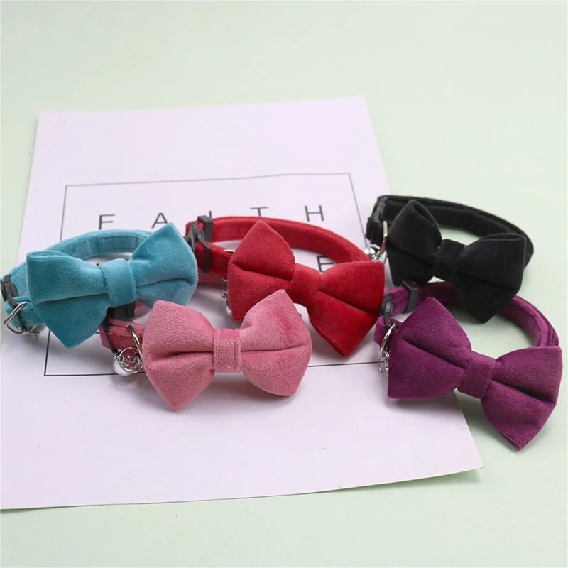 Cat Velvet Collar Solid Color Bowknot Puppy Chihuahua Collars with Bell Adjustable Safety Buckle Cats Bow Tie Pets Accessories