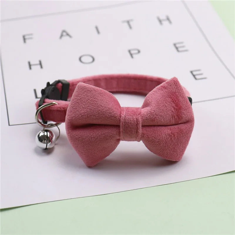 Cat Velvet Collar Solid Color Bowknot Puppy Chihuahua Collars with Bell Adjustable Safety Buckle Cats Bow Tie Pets Accessories