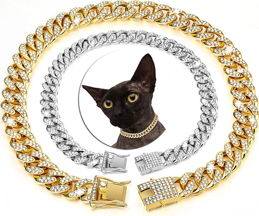 Luxury Cuban Link Cat Necklace Jewelry Rhinestone Collar Cat Gold Chain Kitten Wedding Prom Costume Accessories for Cats Puppy